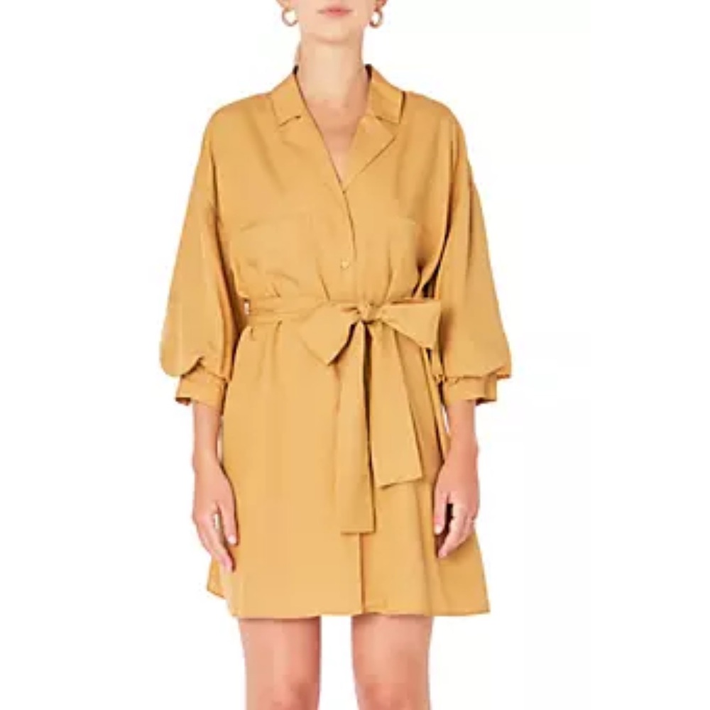 Endless Rose Belted Mini Shirt Dress in Camel - S NEVER WORN